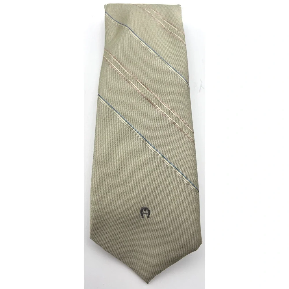 Vintage Etienne Aigner Men's Tie Taupe Beige Diagonal Stripe Embroidered Logo